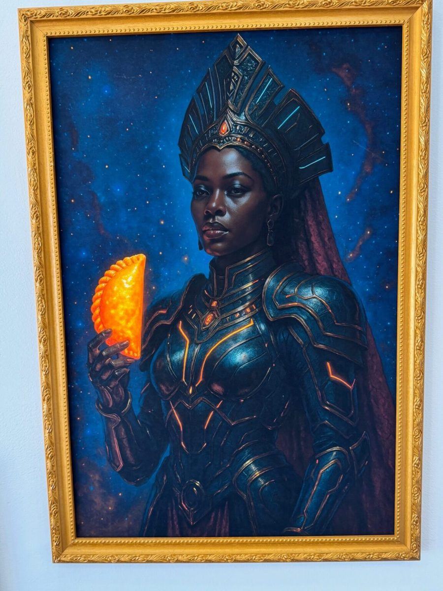 Painting of a queen in dark armor holding a golden empanada